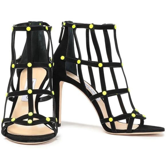 NEW JIMMY CHOO Black Neon Yellow Studded Tina Caged Heel Stiletto Sandals 40 10 - Picture 5 of 16